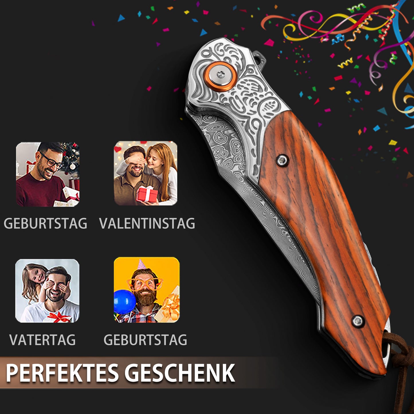 LOTHAR TUNA Damast Klappmesser, Damast Taschenmesser aus 67 Lagen VG10 Damaststahl, Einhandmesser mit Scharfe Klinge und Rosenholzgriff, Gürtelclip, für Sammlung oder Geschenk