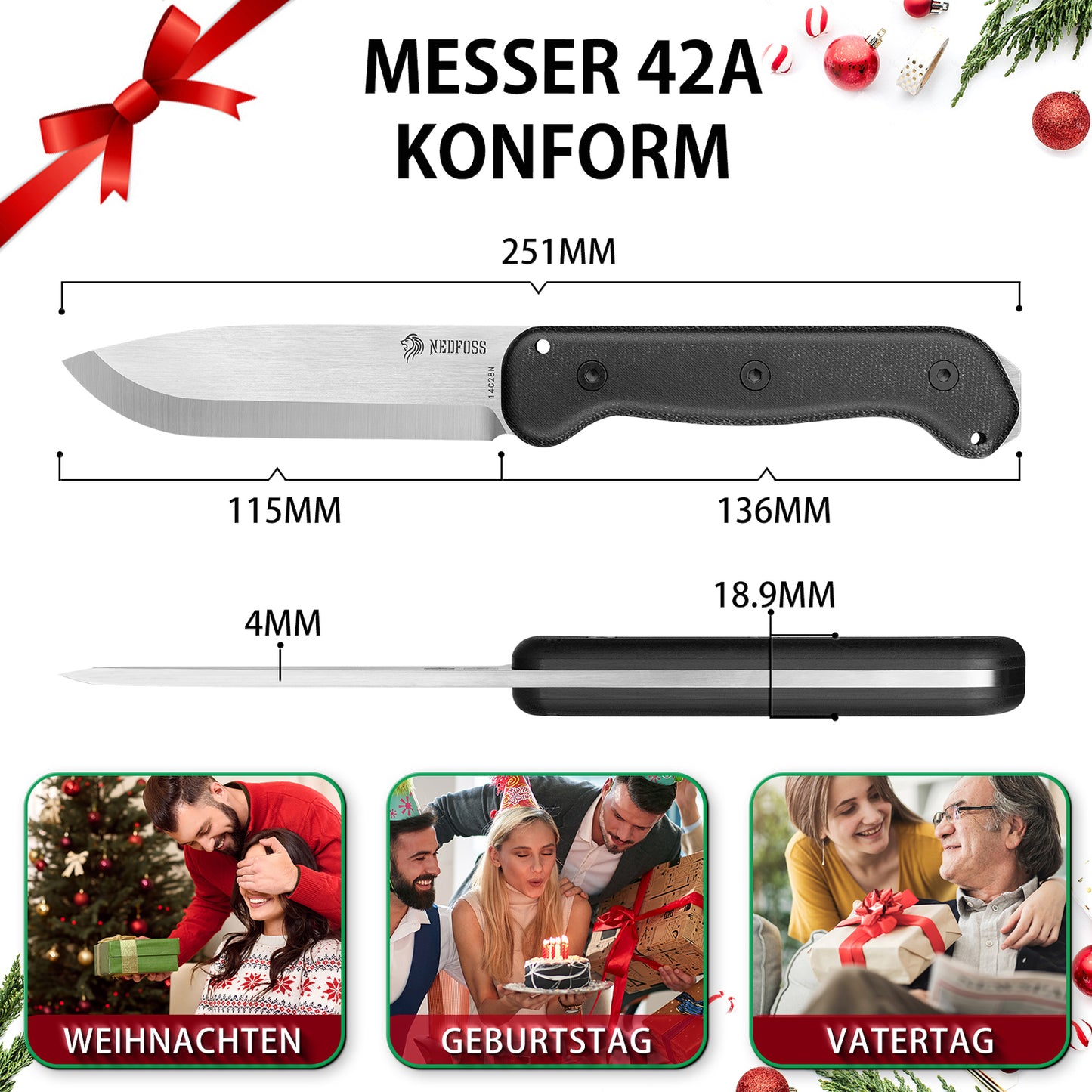 NedFoss BERGLÖWE II Outdoor Messer, 11.5cm Full Tang 14C28N Jagdmesser mit Micarta Griff, Bushcraft-Messer mit Skandi Schliff, Sharfe Survival-Messer mit Feuerstahl, Gürtelmesser mit Kydexholster