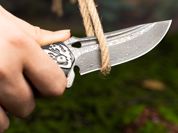 LOTHAR RHAEGAL Damast Klappmesser, Hochwertig Taschenmesser Outdoor aus 67 Lagen VG10 Damaststahl, Premium Damast Taschenmesser mit Holzgriff für Jagd, Ideal als Sammlung & Geschenk (Rosenholz)