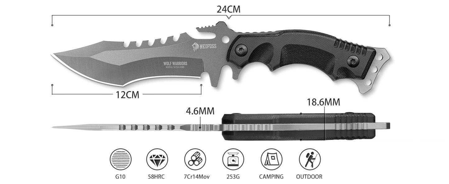 NedFoss WOLF Outdoor Survival Messer, Tactical Gürtelmesser, Überlebensmesser Survival Bushcraft Messer, Premium Qualität, schwarz