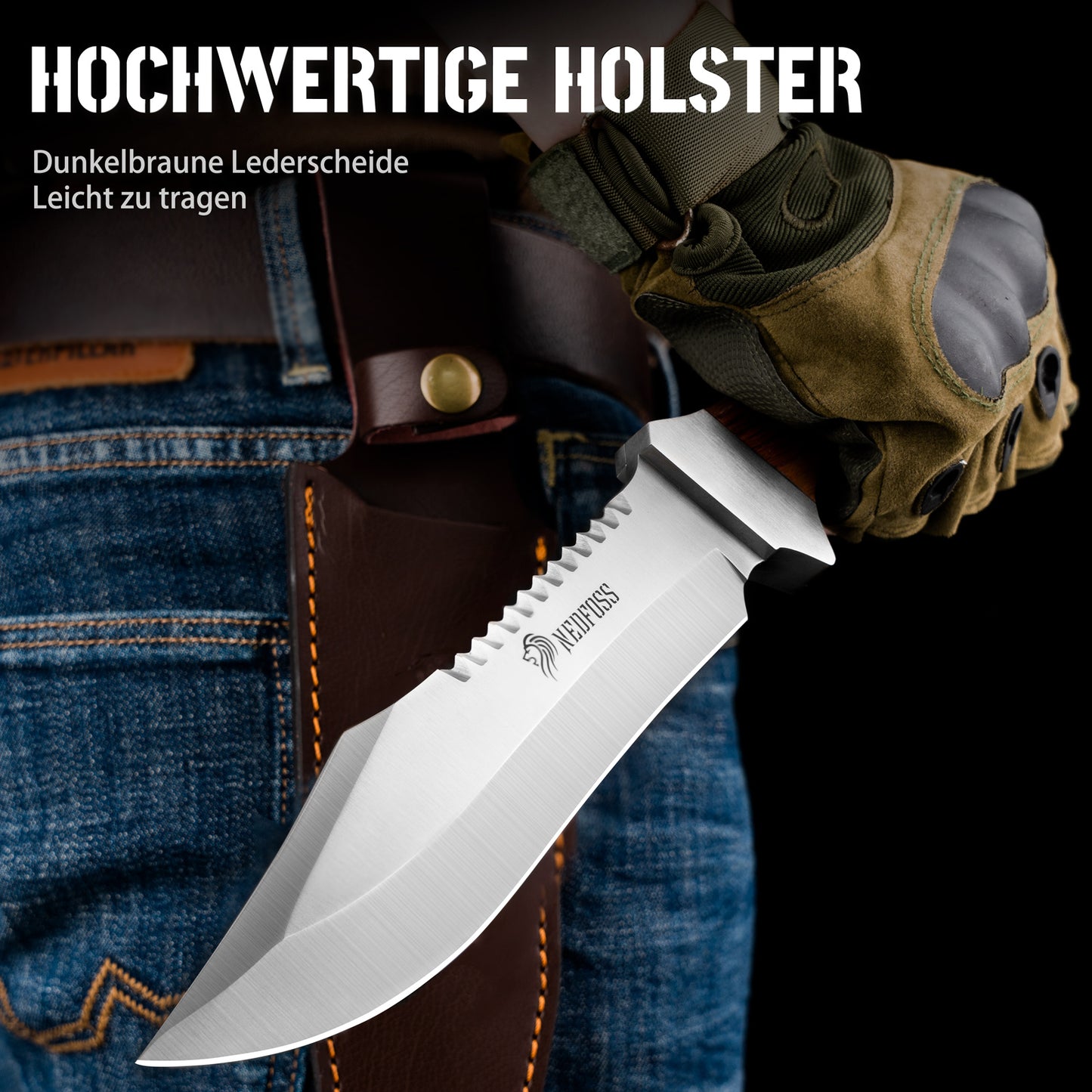 NedFoss JUNGLE-KING Jagdmesser, 33cm Messer Outdoor feststehend mit Holzgriff, Full Tang Bowiemesser mit Holster, Großes Survival messer, Rambo messer, Fahrtenmesser