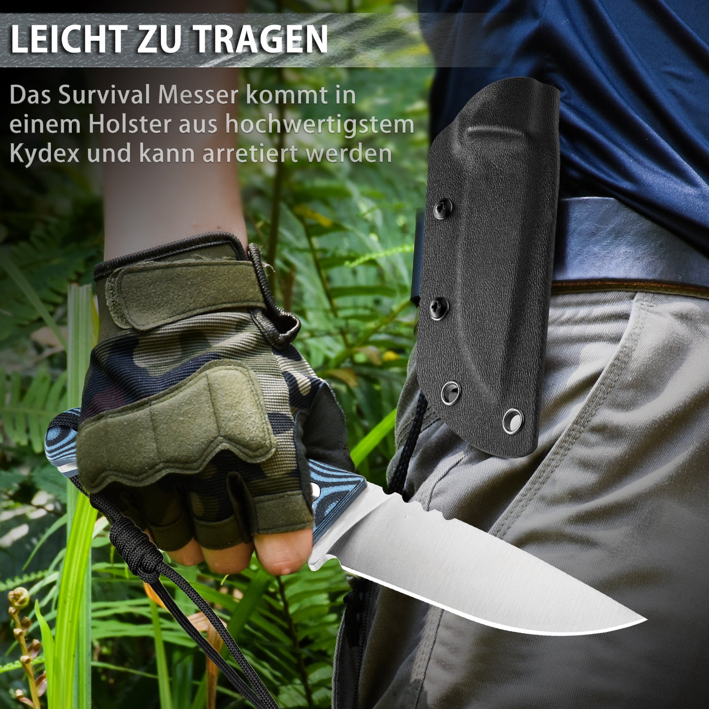 NedFoss HYENAS Outdoor Messer, 9cm Full tang Survival Messer mit Kydex Holster, scharfes Bushcraft Messer mit rutschfestem G10 Griff, Jagdmesser, Fahrtenmesser