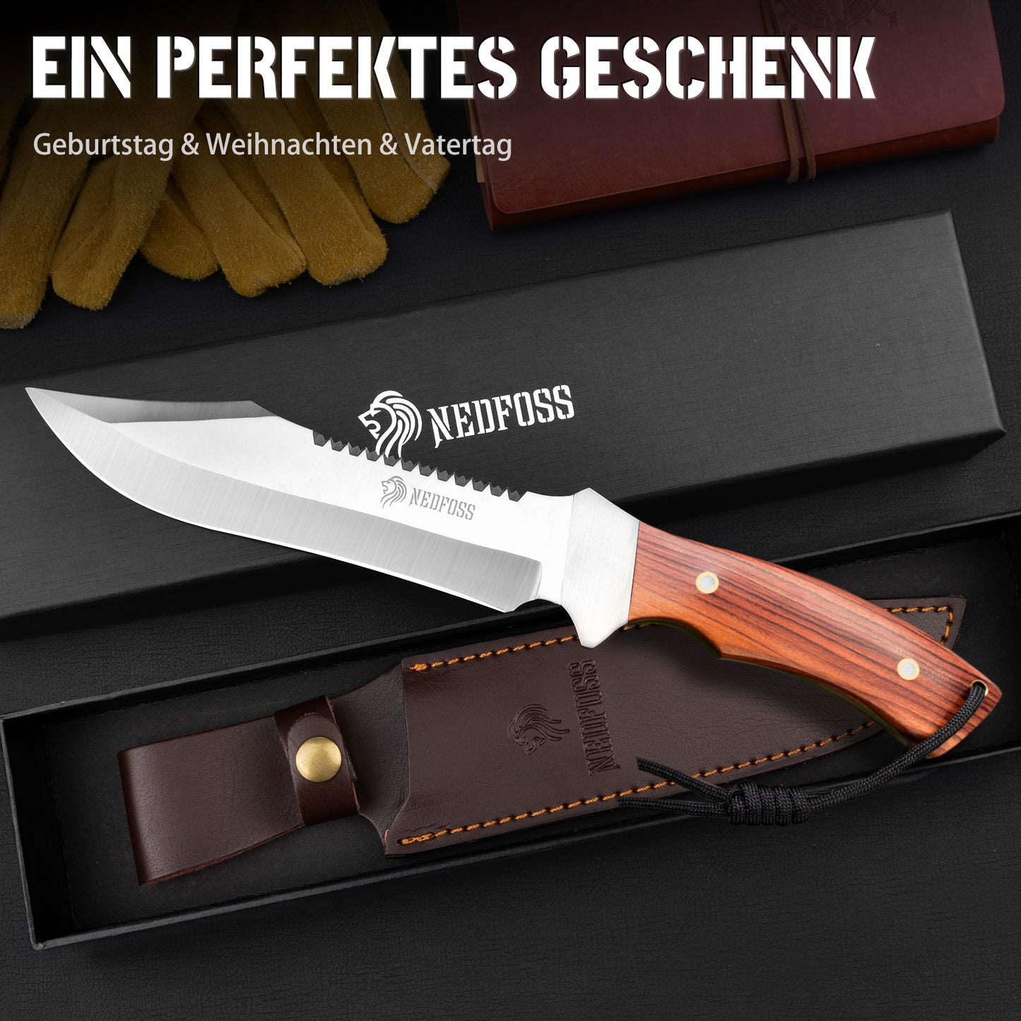 NedFoss JUNGLE-KING Jagdmesser, 33cm Messer Outdoor feststehend mit Holzgriff, Full Tang Bowiemesser mit Holster, Großes Survival messer, Rambo messer, Fahrtenmesser