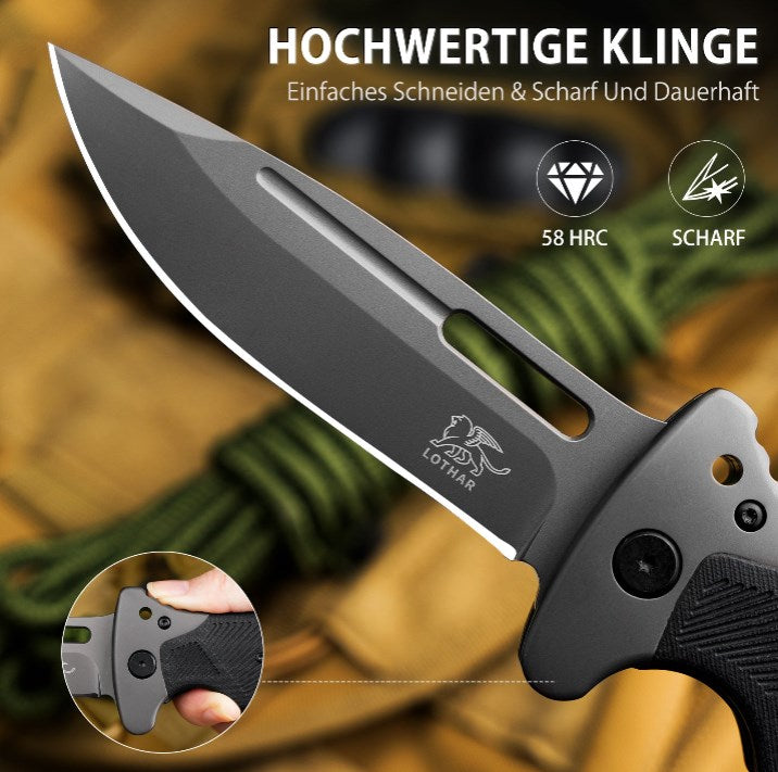 LOTHAR RHINO Klappmesser, 10.3cm Großes Taschenmesser mit G10 Griff, Liner Lock, Outdoor Messer Survival mit Clip für Camping, Bushcraft, Robust & Langlebig