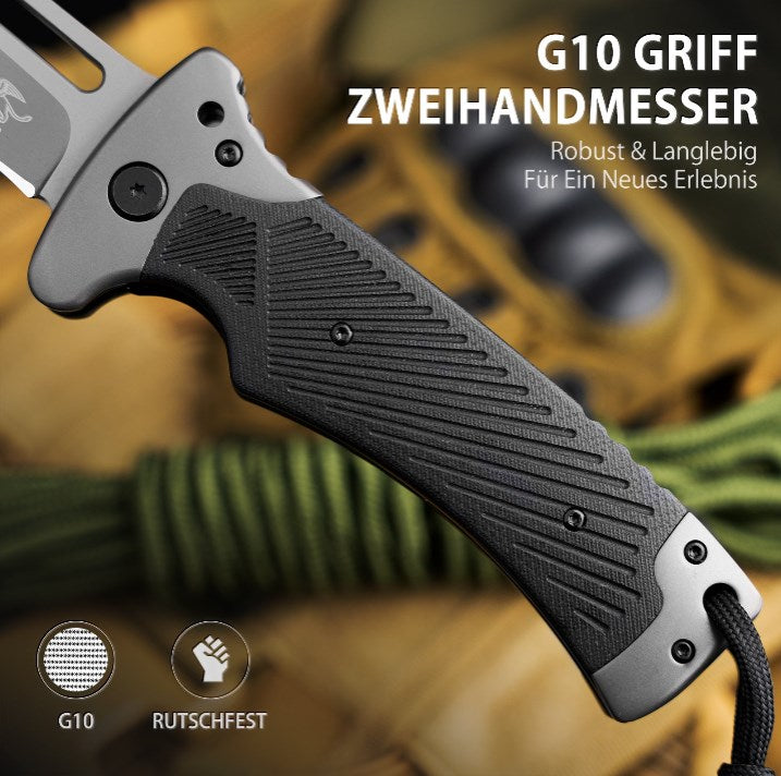 LOTHAR RHINO Klappmesser, 10.3cm Großes Taschenmesser mit G10 Griff, Liner Lock, Outdoor Messer Survival mit Clip für Camping, Bushcraft, Robust & Langlebig
