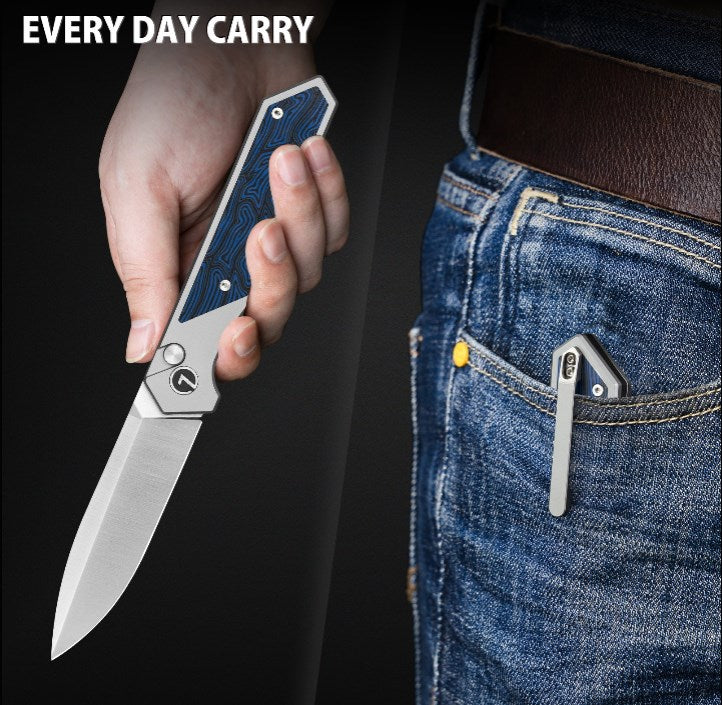 LOTHAR RAPTOR Klappmesser, 21.4CM Scharfe 14C28N Stahl Taschenmesser, Damast G10 Handle Einhandmesser mit Knopfdruck, EDC Messer, Gürtelclip, Ideal für Outdoor Enthusiasten (blau)