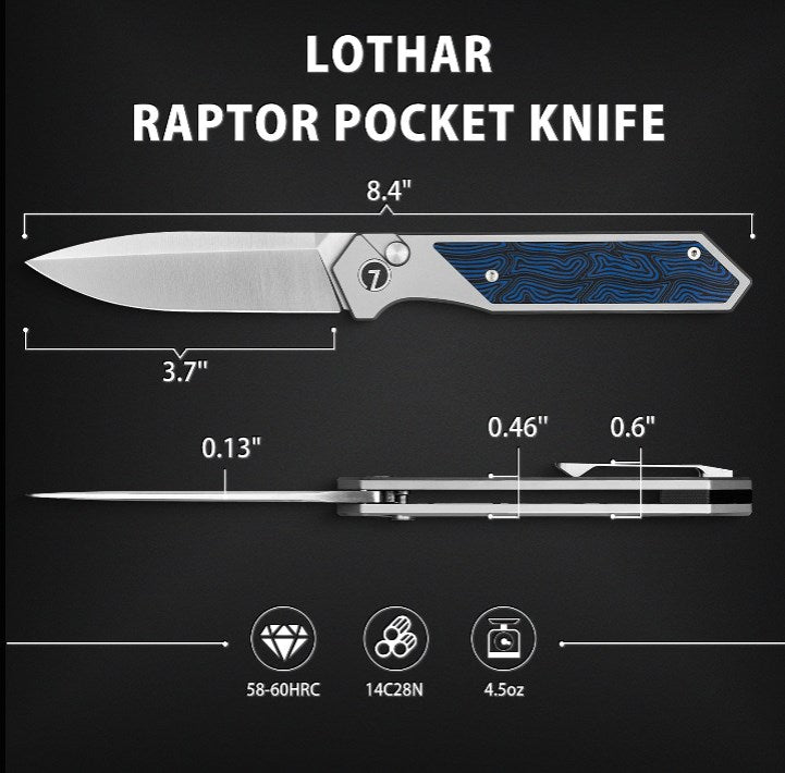 LOTHAR RAPTOR Klappmesser, 21.4CM Scharfe 14C28N Stahl Taschenmesser, Damast G10 Handle Einhandmesser mit Knopfdruck, EDC Messer, Gürtelclip, Ideal für Outdoor Enthusiasten (blau)