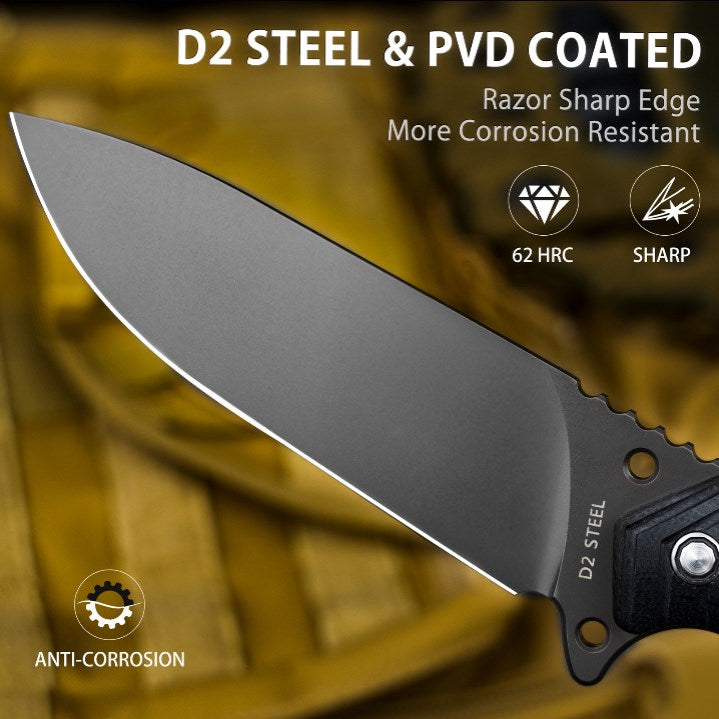 LOTHAR BAT Outdoor Messer Feststehende Klinge, 12CM Full Tang Jagdmesser D2 Stahl, Bushcraft Messer mit G10 Griff & Feuerstahl, Überlebensmesser inkl. Kydex Scheide, Taktisches Messer, Angelmesser