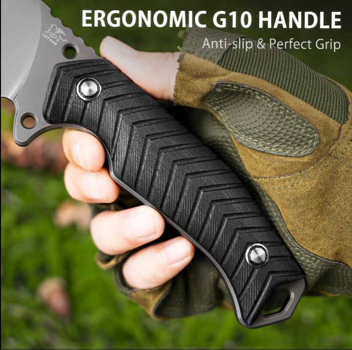 LOTHAR BAT Outdoor Messer Feststehende Klinge, 12CM Full Tang Jagdmesser D2 Stahl, Bushcraft Messer mit G10 Griff & Feuerstahl, Überlebensmesser inkl. Kydex Scheide, Taktisches Messer, Angelmesser