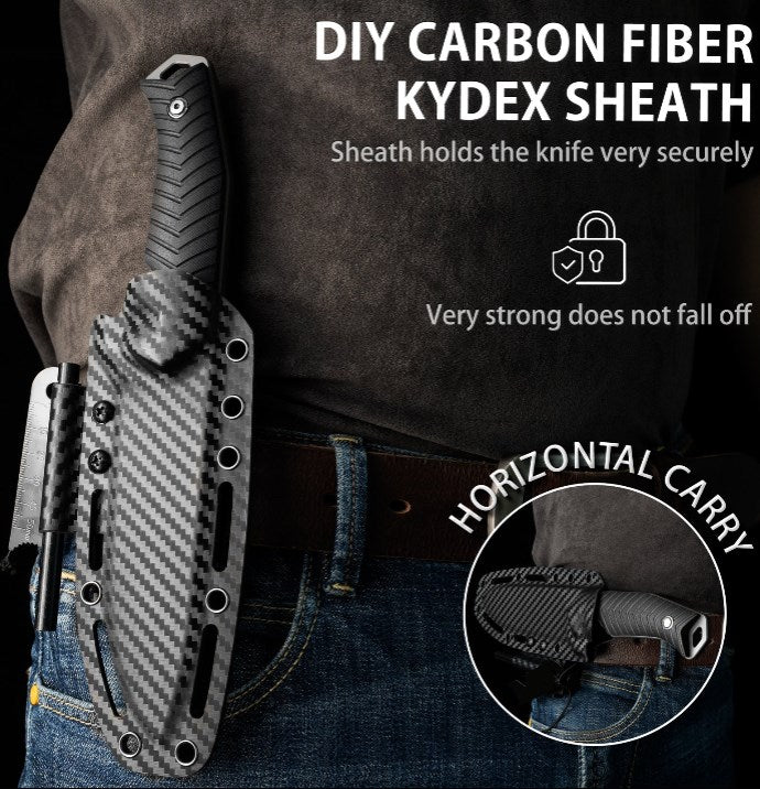 LOTHAR BAT Outdoor Messer Feststehende Klinge, 12CM Full Tang Jagdmesser D2 Stahl, Bushcraft Messer mit G10 Griff & Feuerstahl, Überlebensmesser inkl. Kydex Scheide, Taktisches Messer, Angelmesser