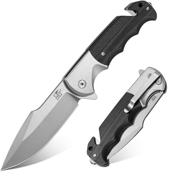 LOTHAR SMAUG Klappmesser Einhandmesser, 9.5 mm D2 Stahl Rettungsmesser mit G10 Griff, Taschenmesser mit Glasbrecher und Gurtschneider, Liner Lock, Überlebensmesser für Auto mit Clip