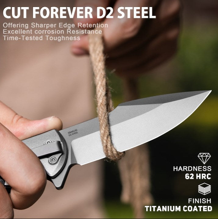 LOTHAR SMAUG Klappmesser Einhandmesser, 9.5 mm D2 Stahl Rettungsmesser mit G10 Griff, Taschenmesser mit Glasbrecher und Gurtschneider, Liner Lock, Überlebensmesser für Auto mit Clip