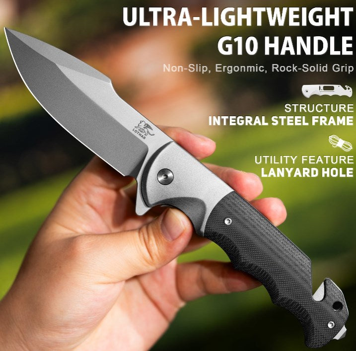 LOTHAR SMAUG Klappmesser Einhandmesser, 9.5 mm D2 Stahl Rettungsmesser mit G10 Griff, Taschenmesser mit Glasbrecher und Gurtschneider, Liner Lock, Überlebensmesser für Auto mit Clip