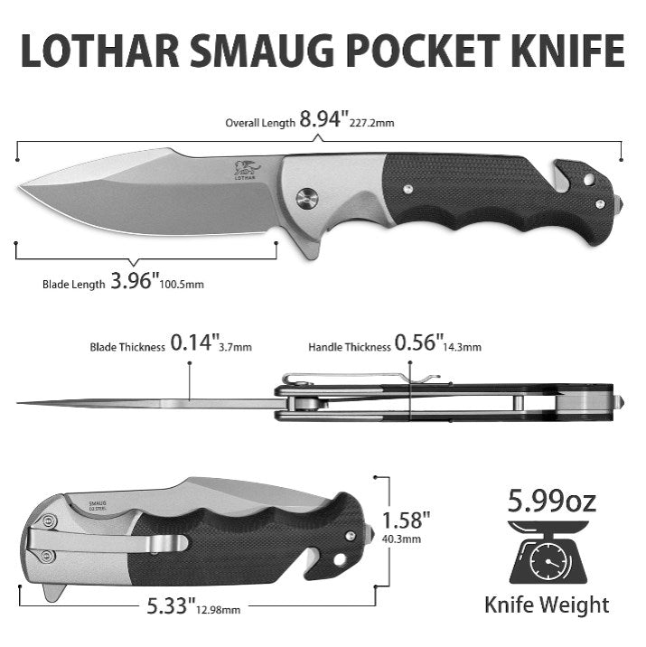 LOTHAR SMAUG Klappmesser Einhandmesser, 9.5 mm D2 Stahl Rettungsmesser mit G10 Griff, Taschenmesser mit Glasbrecher und Gurtschneider, Liner Lock, Überlebensmesser für Auto mit Clip
