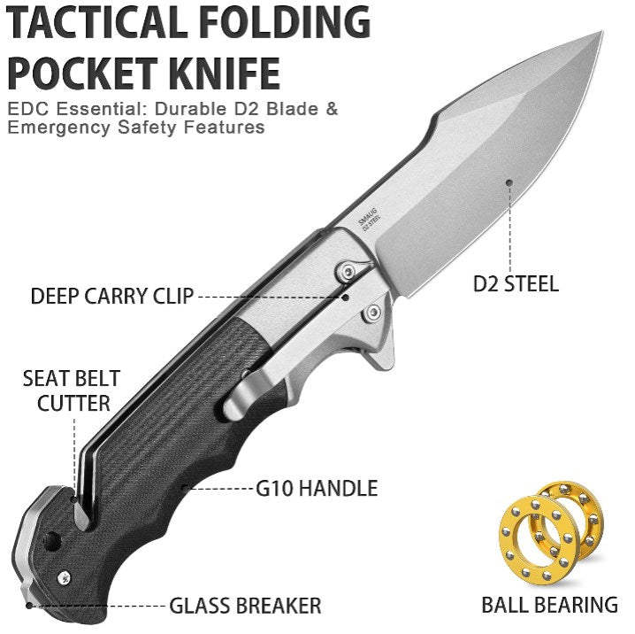LOTHAR SMAUG Klappmesser Einhandmesser, 9.5 mm D2 Stahl Rettungsmesser mit G10 Griff, Taschenmesser mit Glasbrecher und Gurtschneider, Liner Lock, Überlebensmesser für Auto mit Clip