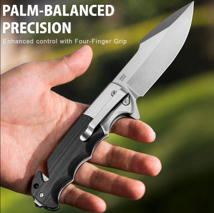 LOTHAR SMAUG Klappmesser Einhandmesser, 9.5 mm D2 Stahl Rettungsmesser mit G10 Griff, Taschenmesser mit Glasbrecher und Gurtschneider, Liner Lock, Überlebensmesser für Auto mit Clip