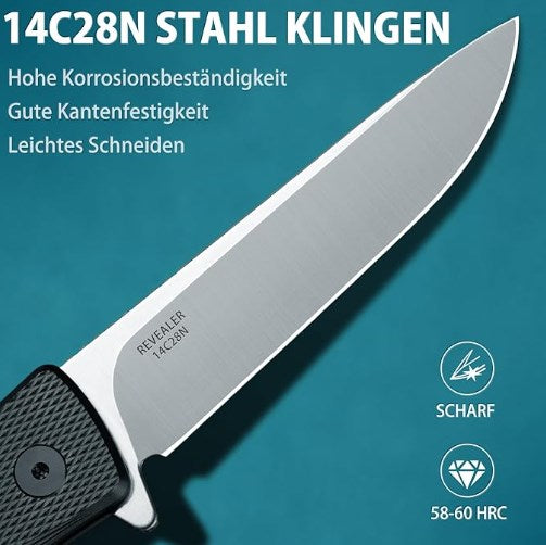 LOTHAR REVEALER Taschenmesser, Scharfe 14C28N Stahl Klappmesser, EDC Messer mit Aluminium Griff, Button Lock Einhandmesser mit Clip (Clip Point 8.8cm)
