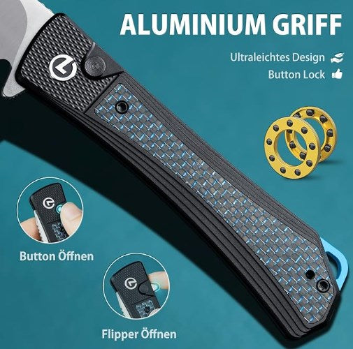 LOTHAR REVEALER Taschenmesser, Scharfe 14C28N Stahl Klappmesser, EDC Messer mit Aluminium Griff, Button Lock Einhandmesser mit Clip (Clip Point 8.8cm)