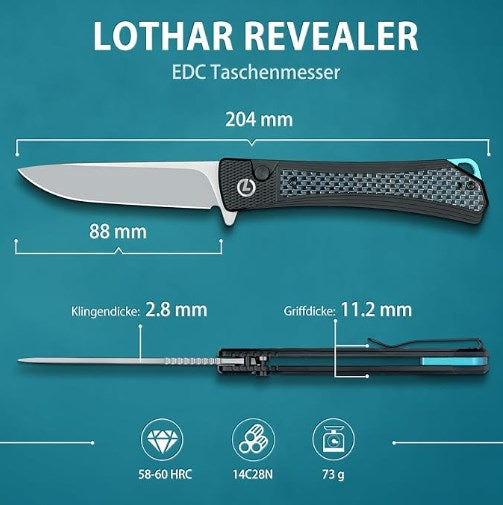 LOTHAR REVEALER Taschenmesser, Scharfe 14C28N Stahl Klappmesser, EDC Messer mit Aluminium Griff, Button Lock Einhandmesser mit Clip (Clip Point 8.8cm)