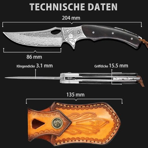 LOTHAR KRAKEN Taschenmesser, Damast Klappmesser aus 67 Lagen VG10 Damaststahl, Damast Taschenmesser mit Scharfe Klinge und Ebenholzgriff, Damastmesser für Sammlung oder Geschenk (Ebenholz)