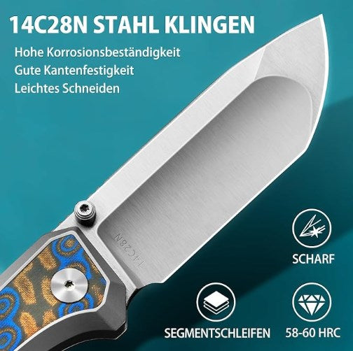 LOTHAR ChallengerK1 Klappmesser, 21 cm Scharfe 14C28N Stahl Taschenmesser, Damast G10 Griff Einhandmesser, Button Lock EDC Messer mit Gürtelclip