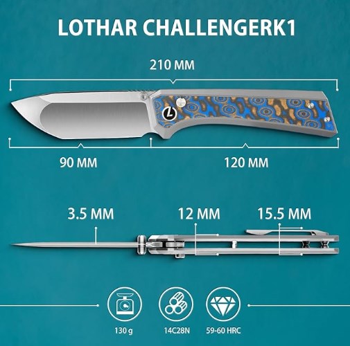 LOTHAR ChallengerK1 Klappmesser, 21 cm Scharfe 14C28N Stahl Taschenmesser, Damast G10 Griff Einhandmesser, Button Lock EDC Messer mit Gürtelclip
