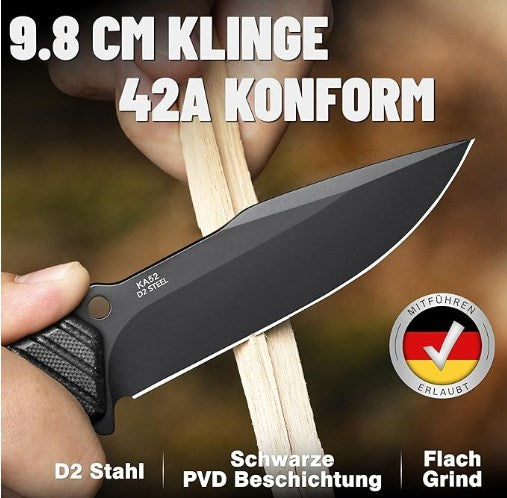 LOTHAR KA52 Jagdmesser, 9.8cm Full Tang Outdoor Messer aus D2 Stahl, G10 Griff Survival Messer mit Kydex Scheide,Bushcraft Messer für Outdoor Liebhaber