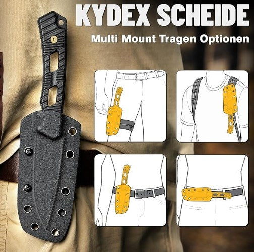 LOTHAR KA52 Jagdmesser, 9.8cm Full Tang Outdoor Messer aus D2 Stahl, G10 Griff Survival Messer mit Kydex Scheide，Bushcraft Messer für Outdoor Liebhaber