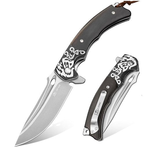 LOTHAR RHAEGAL Klappmesser, 8.9CM 14C28N Stahl Taschenmesser mit Holzgriff, EDC Messer, Gürtelclip, Ideal für Sammlung oder Geschenk (Ebenholz)