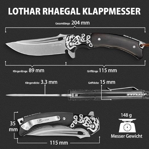 LOTHAR RHAEGAL Klappmesser, 8.9CM 14C28N Stahl Taschenmesser mit Holzgriff, EDC Messer, Gürtelclip, Ideal für Sammlung oder Geschenk (Ebenholz)