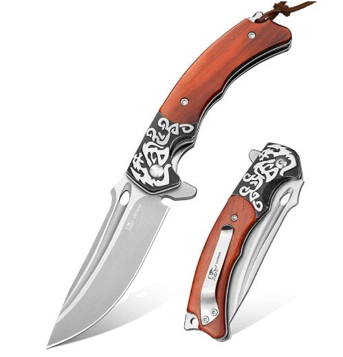 LOTHAR RHAEGAL Klappmesser, 8.9CM 14C28N Stahl Taschenmesser mit Holzgriff, EDC Messer, Gürtelclip, Ideal für Sammlung oder Geschenk (Ebenholz)