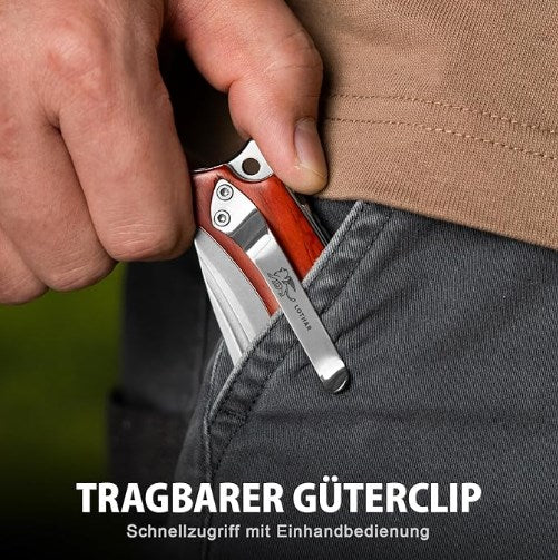 LOTHAR RHAEGAL Klappmesser, 8.9CM 14C28N Stahl Taschenmesser mit Holzgriff, EDC Messer, Gürtelclip, Ideal für Sammlung oder Geschenk (Ebenholz)
