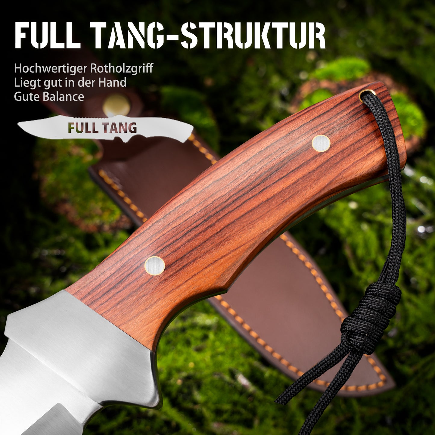 NedFoss JUNGLE-KING Jagdmesser, 33cm Messer Outdoor feststehend mit Holzgriff, Full Tang Bowiemesser mit Holster, Großes Survival messer, Rambo messer, Fahrtenmesser