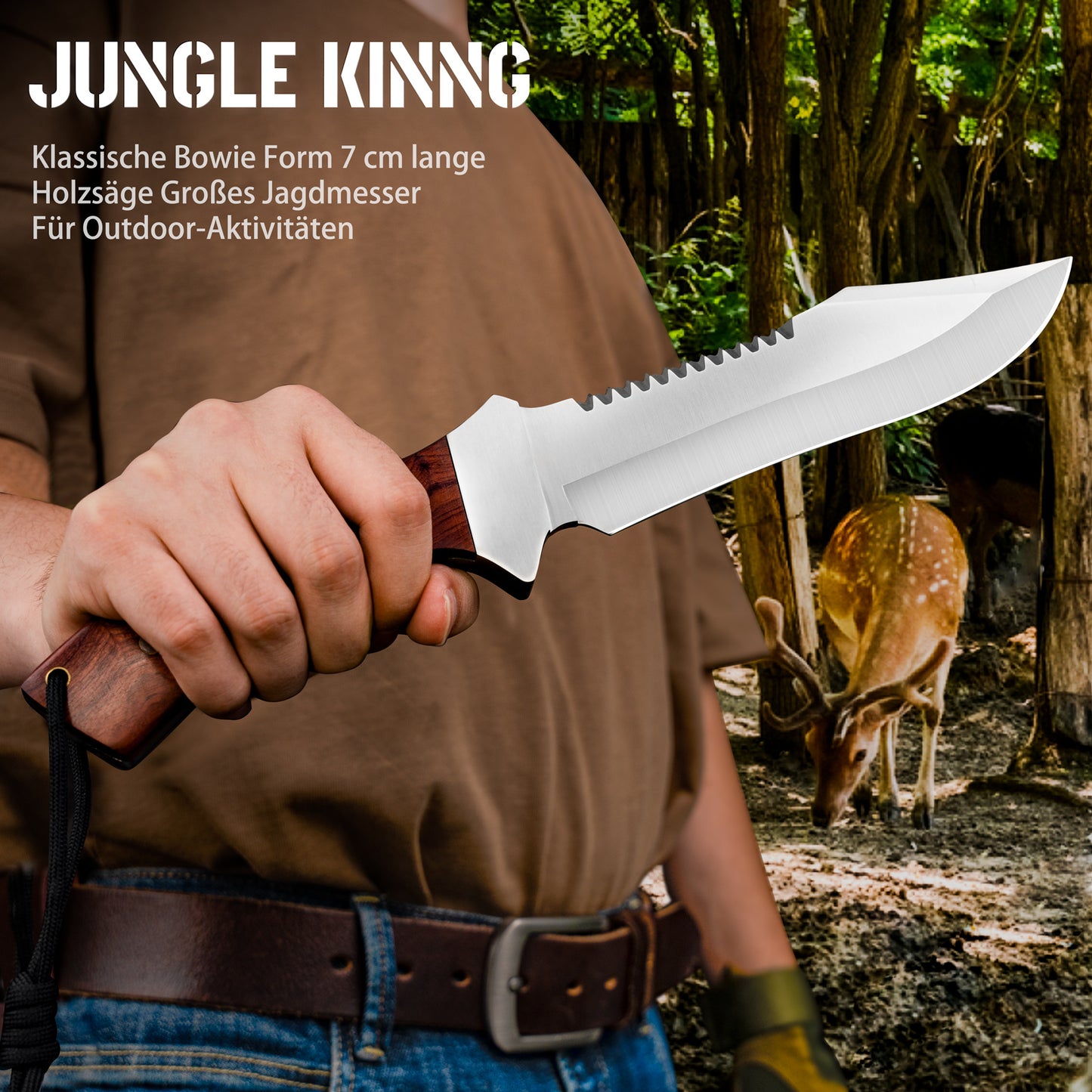 NedFoss JUNGLE-KING Jagdmesser, 33cm Messer Outdoor feststehend mit Holzgriff, Full Tang Bowiemesser mit Holster, Großes Survival messer, Rambo messer, Fahrtenmesser