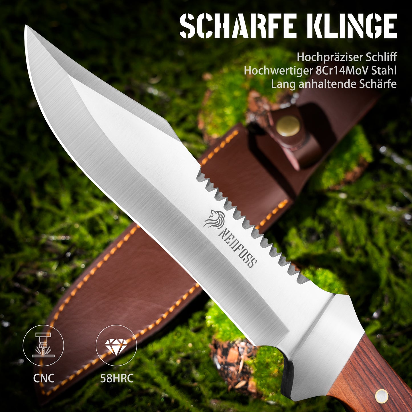 NedFoss JUNGLE-KING Jagdmesser, 33cm Messer Outdoor feststehend mit Holzgriff, Full Tang Bowiemesser mit Holster, Großes Survival messer, Rambo messer, Fahrtenmesser