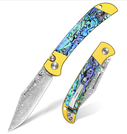 Damaskus Handgefertigtes Klappmesser mit Knopfverschluss aus geschmiedetem Damaszenerstahl,  mit Griff aus Abalone-Muschel und VG10-Stahl