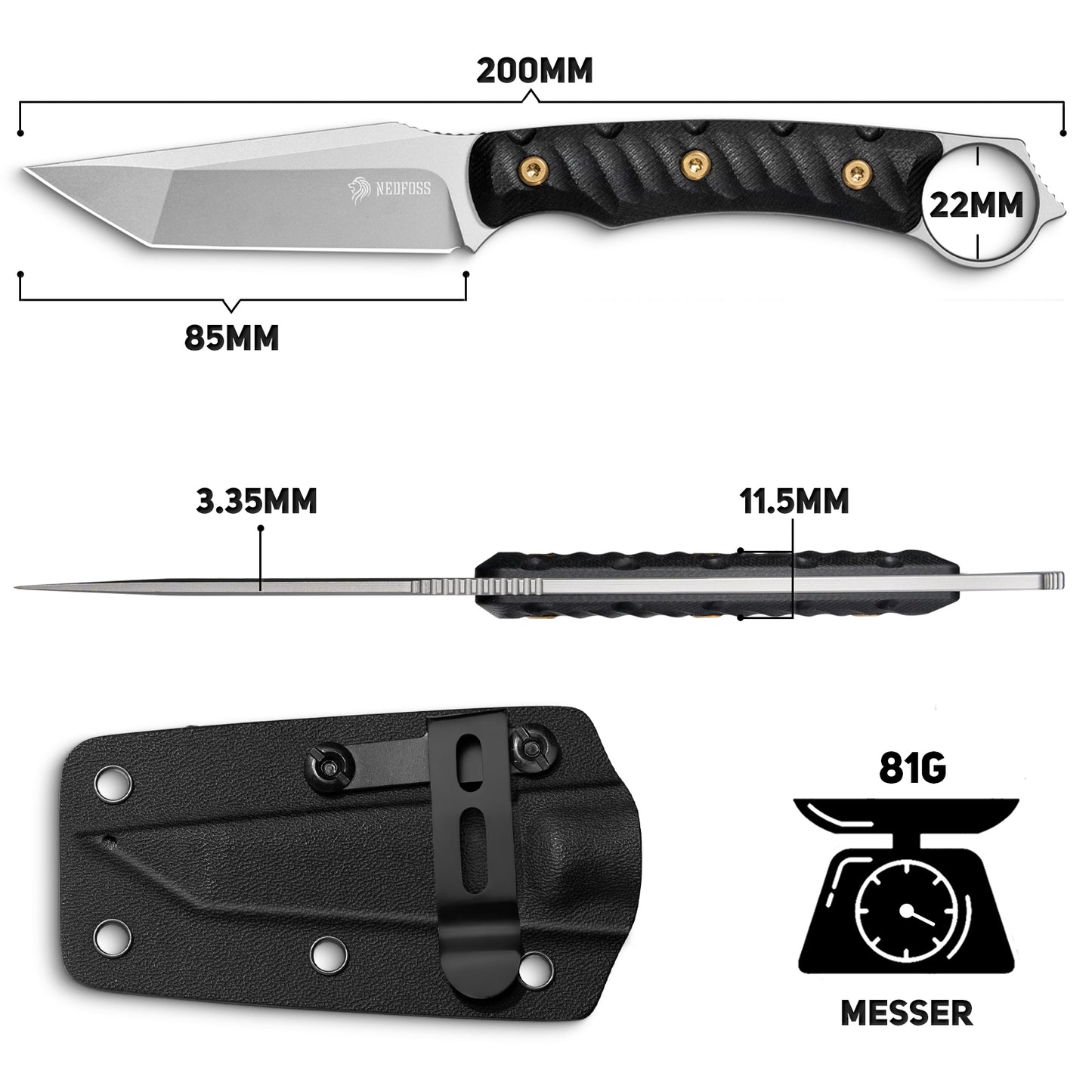 NedFoss PIONEER Jagdmesser, 8.5cm 14C28N Stahl Full Tang legales Outdoor Messer mit G10 Griff & Verstellbarer Clip, Kleines Survival Messer mit Kydexscheide, Bushcraft messer 42a konform, Edc Messer