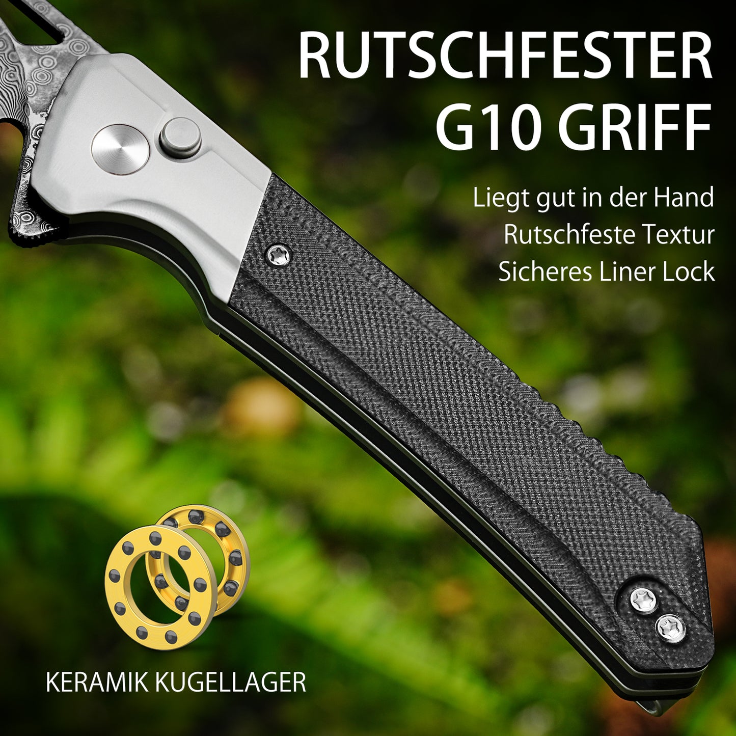 NedFoss ELF III Klappmesser, 8.5cm Damast Taschenmesser aus 67 Lagen VG10 Stahl mit Button-Lock, Einhandmesser mit G10 Griff, Outdoor Messer mit Clip, Jagdmesser für den Alltag, Sammlung & Geschenk