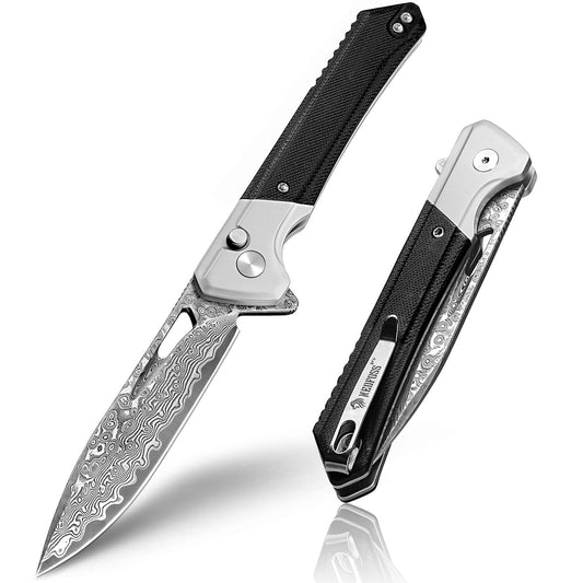 NedFoss ELF III Klappmesser, 8.5cm Damast Taschenmesser aus 67 Lagen VG10 Stahl mit Button-Lock, Einhandmesser mit G10 Griff, Outdoor Messer mit Clip, Jagdmesser für den Alltag, Sammlung & Geschenk