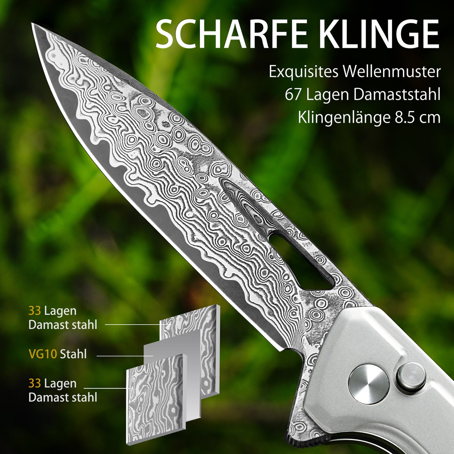NedFoss ELF III Klappmesser, 8.5cm Damast Taschenmesser aus 67 Lagen VG10 Stahl mit Button-Lock, Einhandmesser mit G10 Griff, Outdoor Messer mit Clip, Jagdmesser für den Alltag, Sammlung & Geschenk