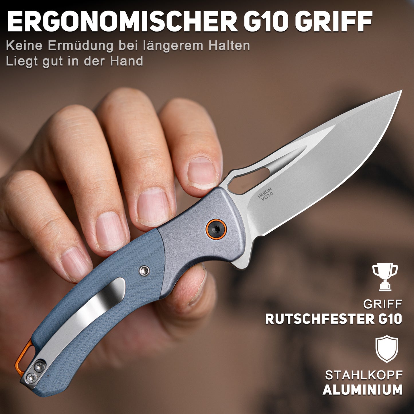 NedFoss HERON Klappmesser, VG10 Stahl Taschenmesser mit Button-Lock, Einhandmesser mit G10 Griff, Outdoor Messer mit Gürtelclip, Survival Messer für den Alltag, Sammlung & Geschenk