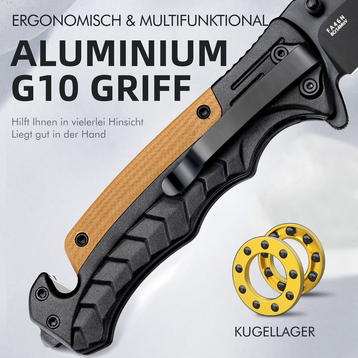 NedFoss FA46N Taschenmesser, Rettungsmesser mit Gurtschneider & Glasbrecher, Klappmesser mit Gürtelclip, Einhandmesser für Auto, Survival überlebensmesser für Unfallsituationen, Rescue messer