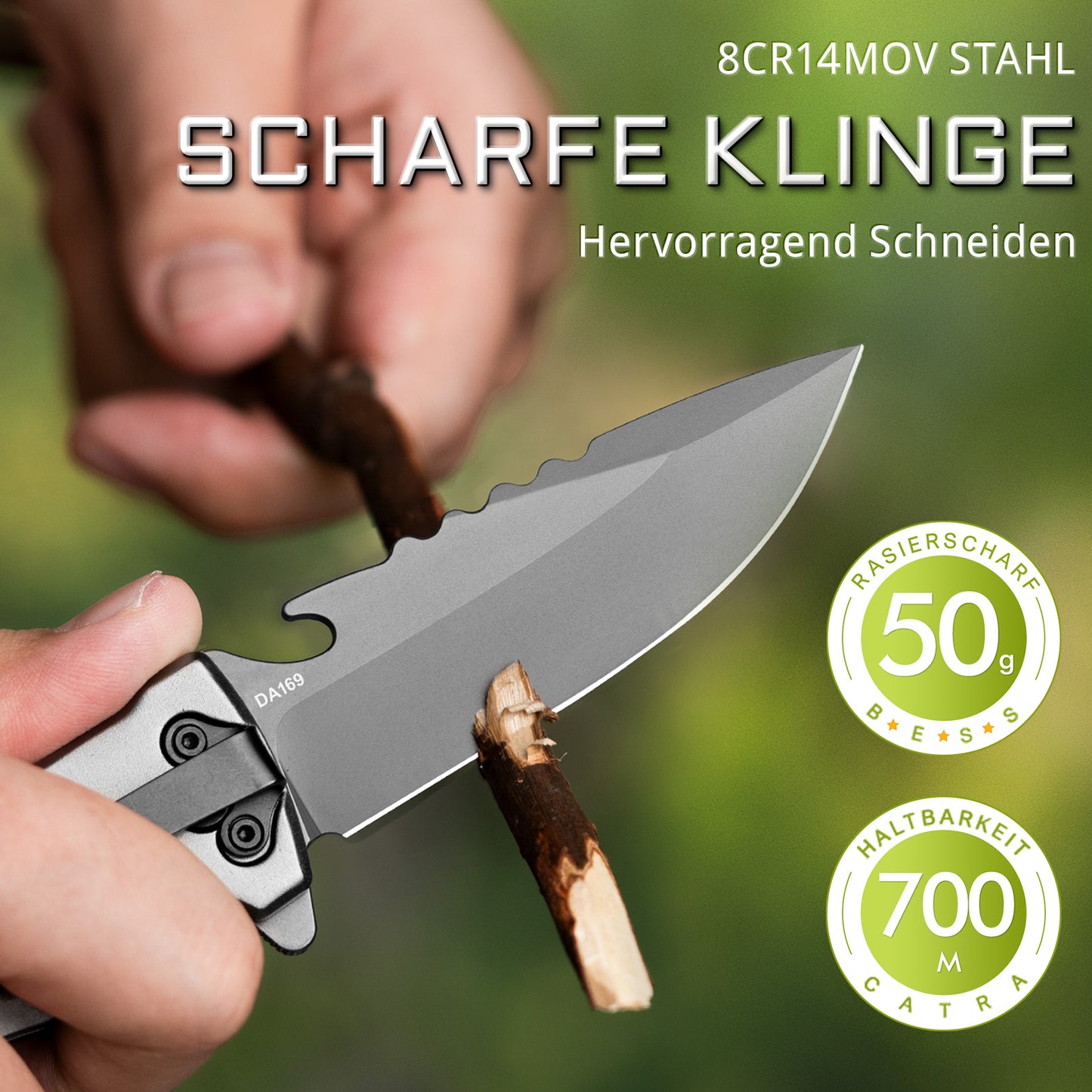 NedFoss DA169 Klappmesser, 9.5 CM Taschenmesser mit Gurtschneider & Glasbrecher & Flaschenöffner, Einhandmesser mit Liner Lock & Kugellager, Rettungsmesser für Auto, Survival Rescue messer Outdoor