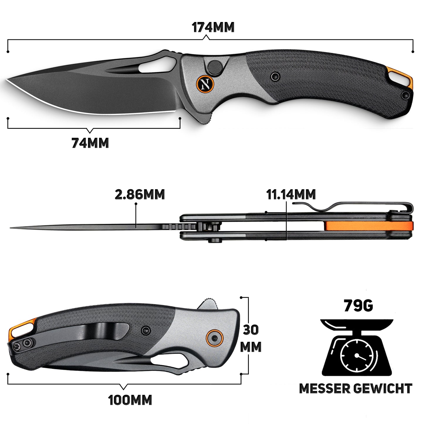 NedFoss HERON Klappmesser, VG10 Stahl Taschenmesser mit Button-Lock, Einhandmesser mit G10 Griff, Outdoor Messer mit Gürtelclip, Survival Messer für den Alltag, Sammlung & Geschenk