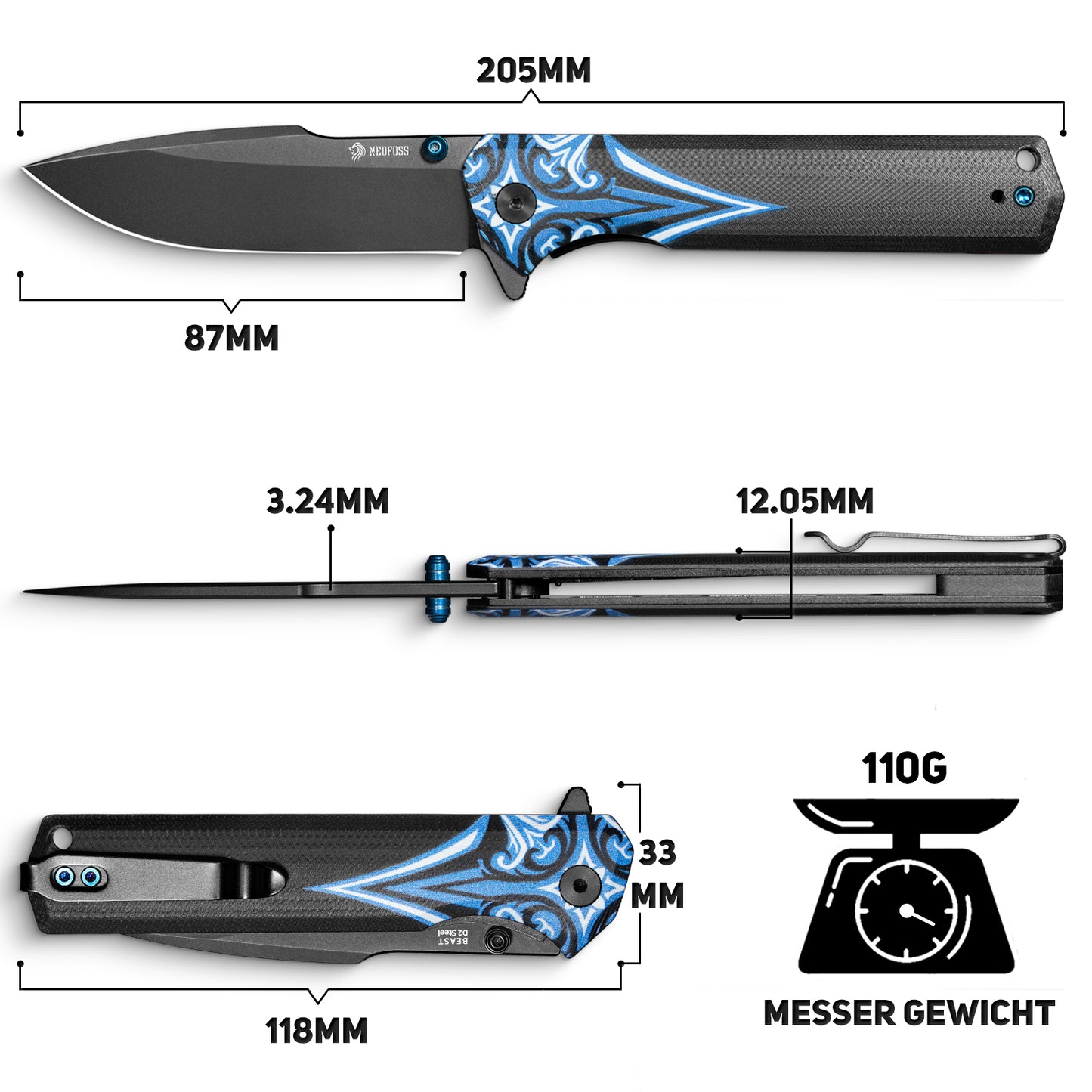 NedFoss BEAST Klappmesser, Klingenlänge 8.7cm aus D2 Stahl Taschenmesser mit G10 Griff, Einhandmesser mit Liner Lock & Kugellager, Outdoor Messer mit Clip, Survival Messer für Sammlung & Geschenk