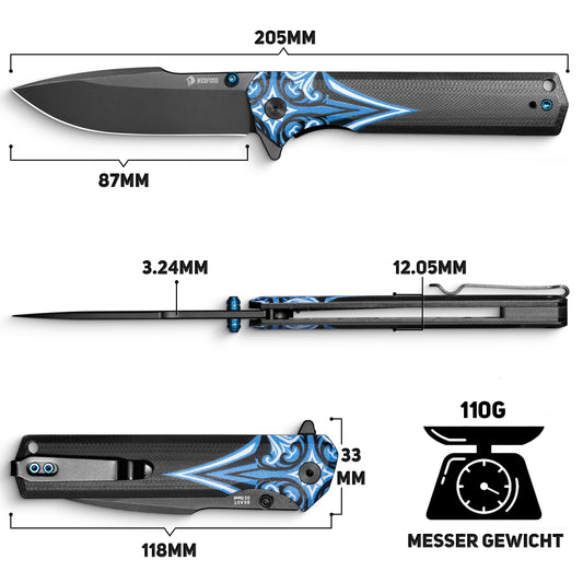 NedFoss BEAST Klappmesser, Klingenlänge 8.7cm aus D2 Stahl Taschenmesser mit G10 Griff, Einhandmesser mit Liner Lock & Kugellager, Outdoor Messer mit Clip, Survival Messer für Sammlung & Geschenk