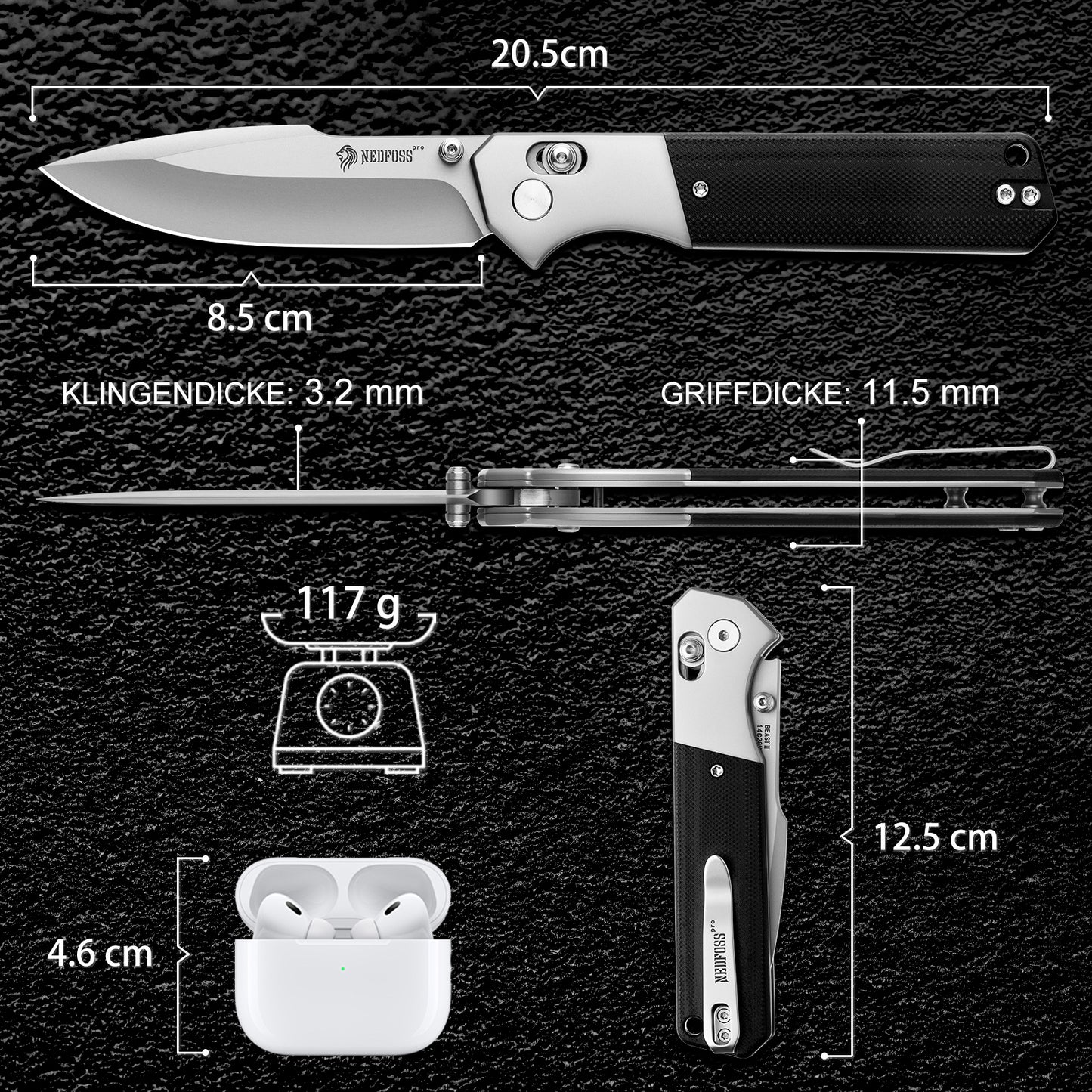 NedFoss BEAST III Klappmesser, 8.5CM 14C28N Stahl Taschenmesser mit Axis-Lock, Einhandmesser mit G10 Griff, Outdoor Messer mit Gürtelclip, Survival Messer für den Alltag, Sammlung & Geschenk