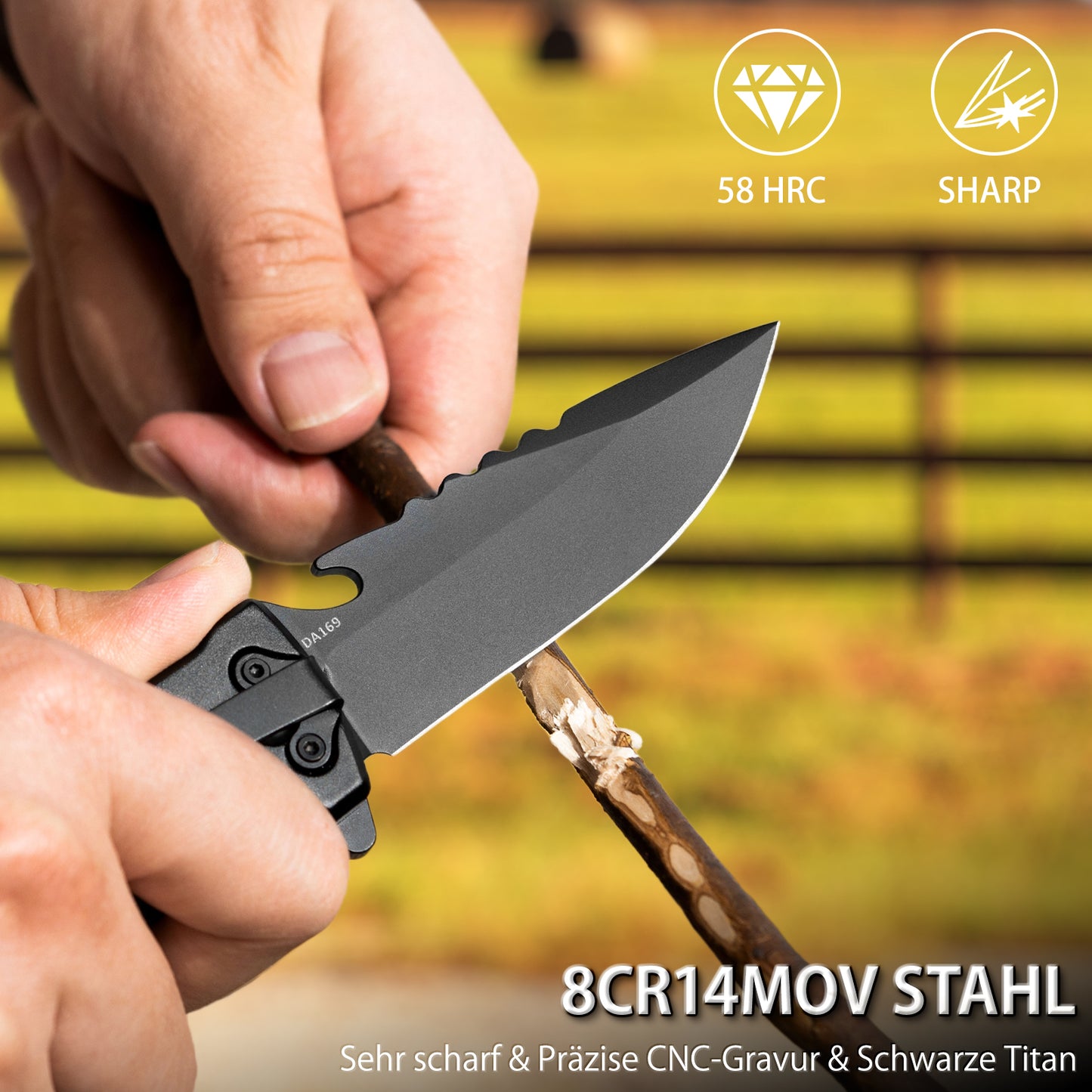 NedFoss DA169 Klappmesser, 9.5 CM Taschenmesser mit Gurtschneider & Glasbrecher & Flaschenöffner, Einhandmesser mit Liner Lock & Kugellager, Rettungsmesser für Auto, Survival Rescue messer Outdoor