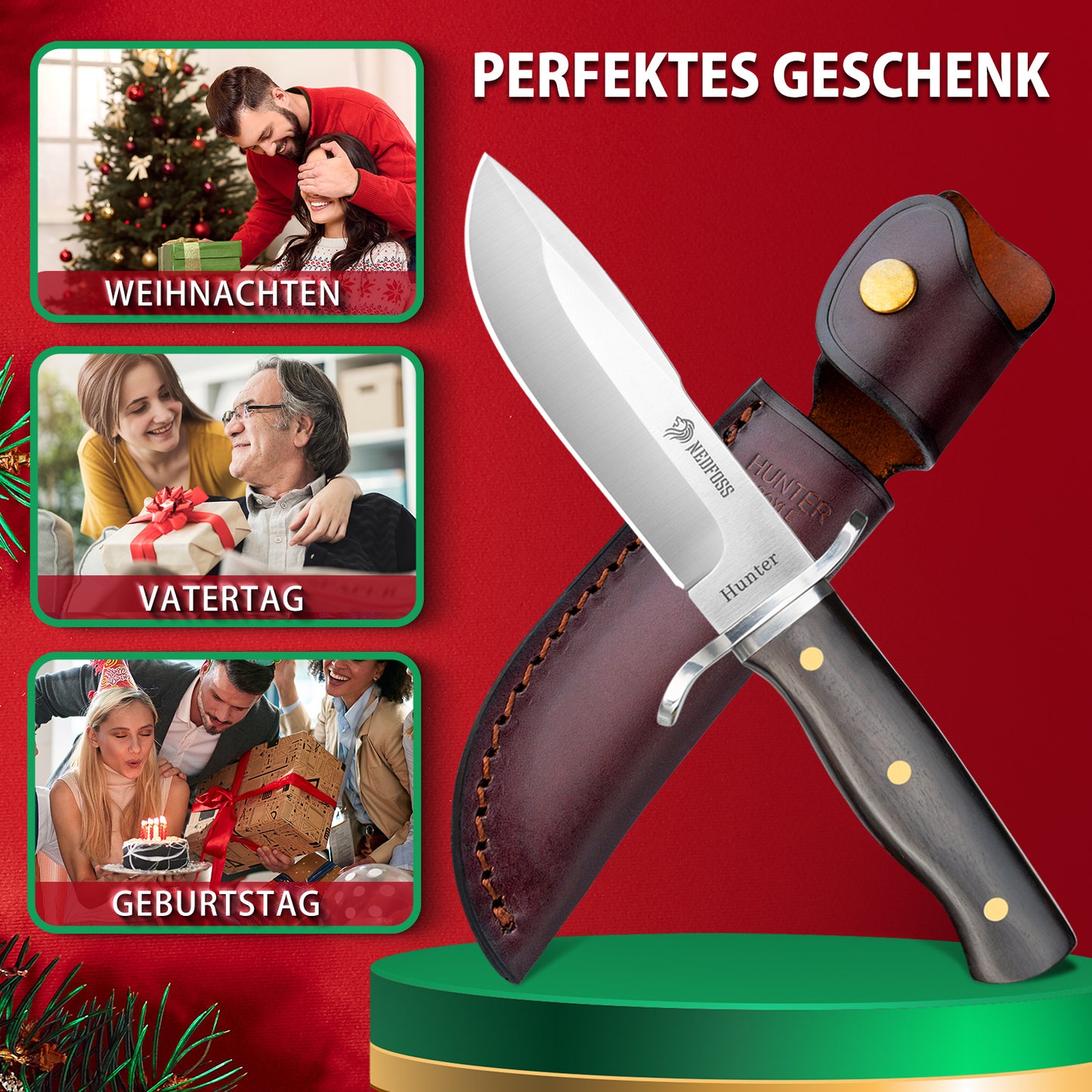 NedFoss HUNTER Jagdmesser, 11cm Bowiemesser aus D2 und Rotholzgriff mit Exquisite Ledertasche, Survival Messer für Outdoor, Extra scharf (Schwarz)