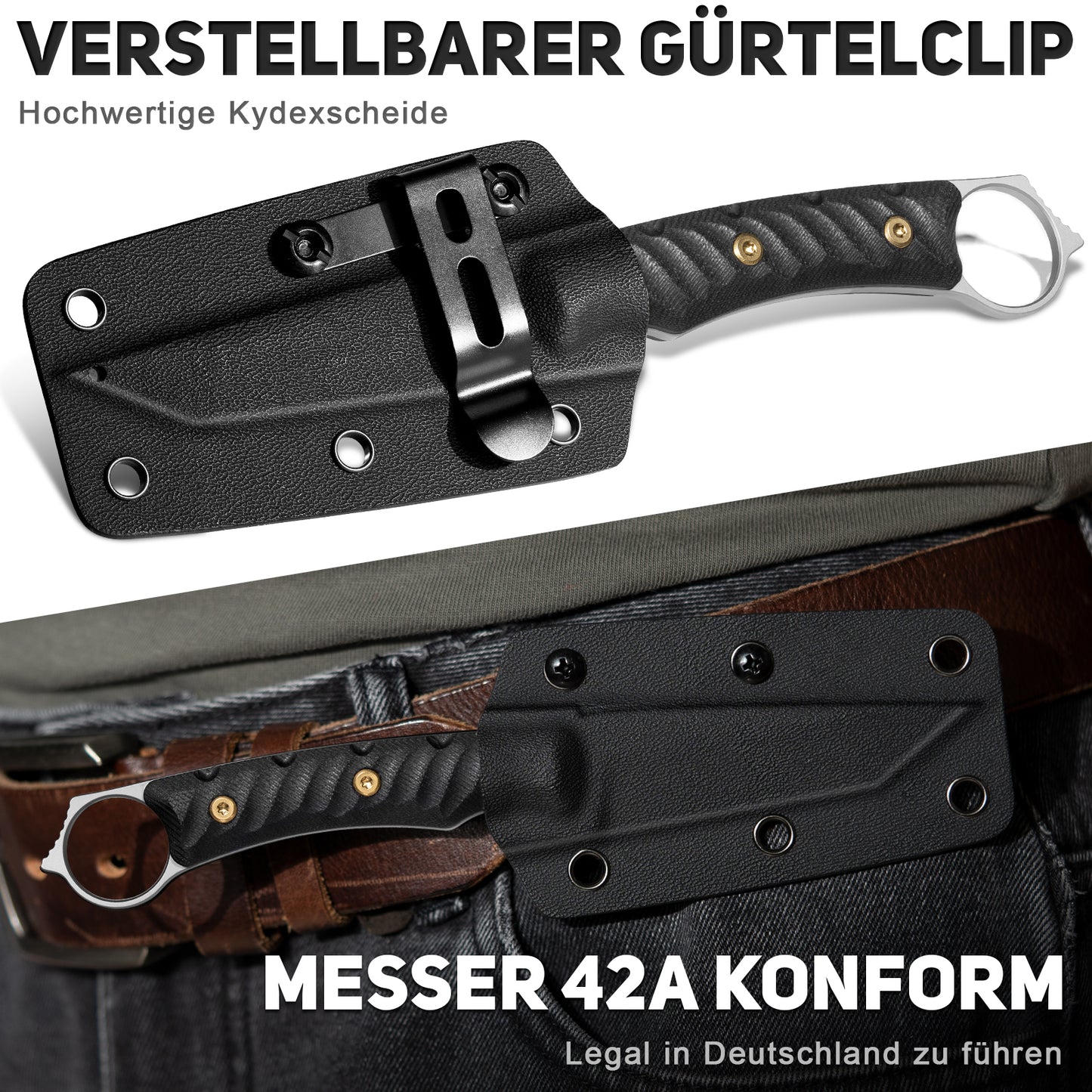 NedFoss PIONEER Jagdmesser, 8.5cm 14C28N Stahl Full Tang legales Outdoor Messer mit G10 Griff & Verstellbarer Clip, Kleines Survival Messer mit Kydexscheide, Bushcraft messer 42a konform, Edc Messer